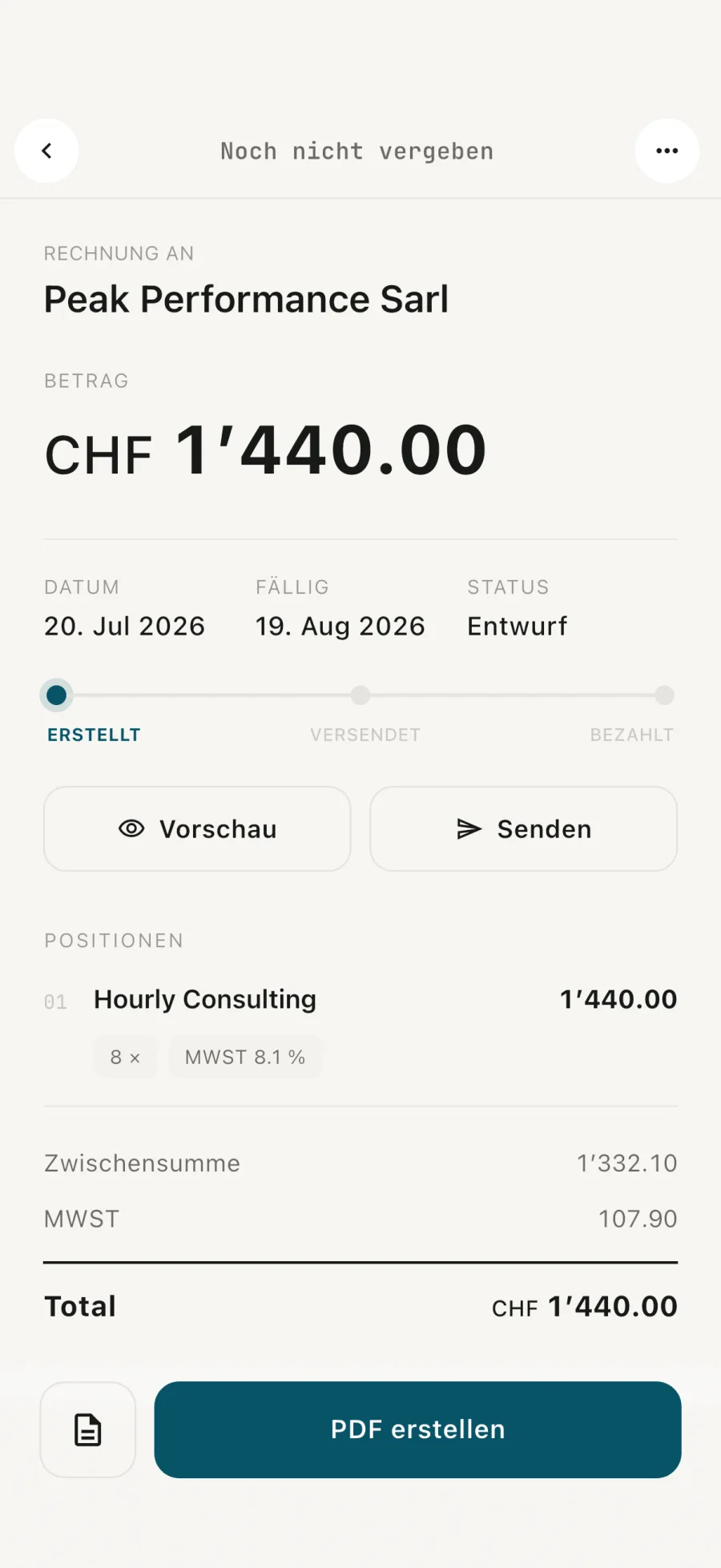 Payvetia iOS-App: Rechnungsdetail mit Total und Zahlungsstatus